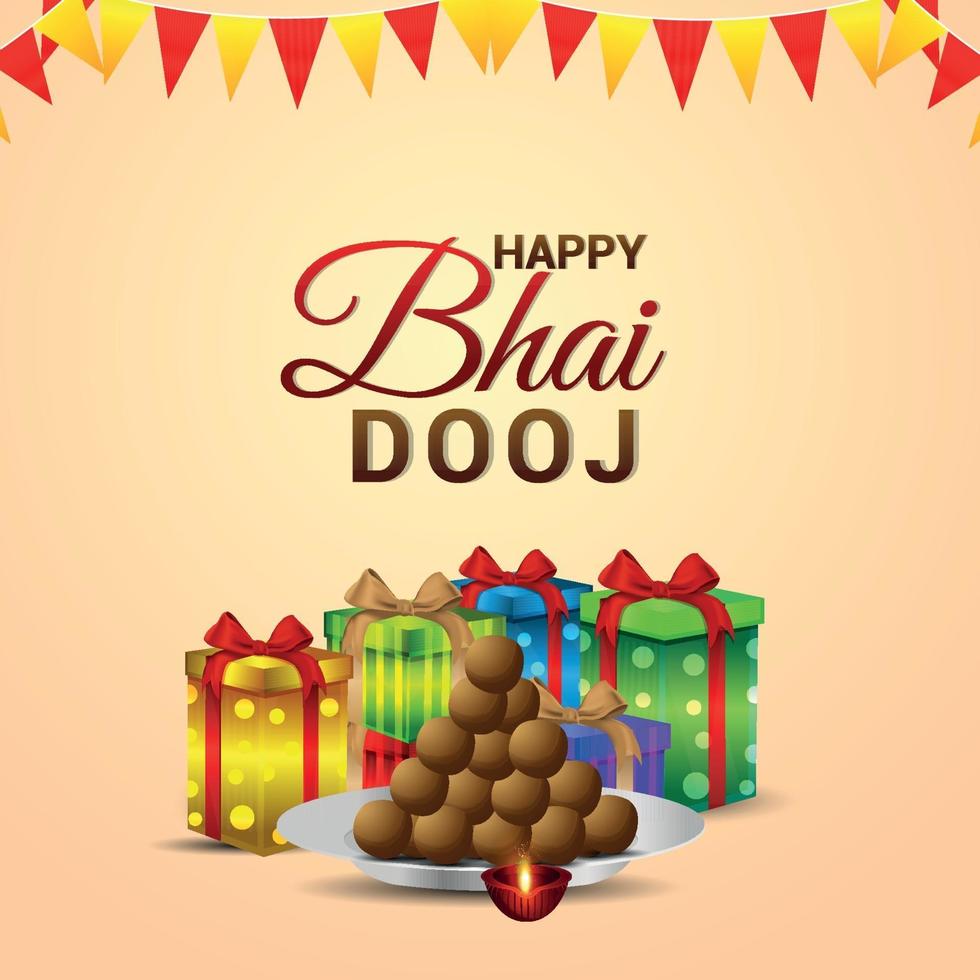 Feliz bhai dooj cartão de felicitações para o festival indiano com presentes de vetor e doces