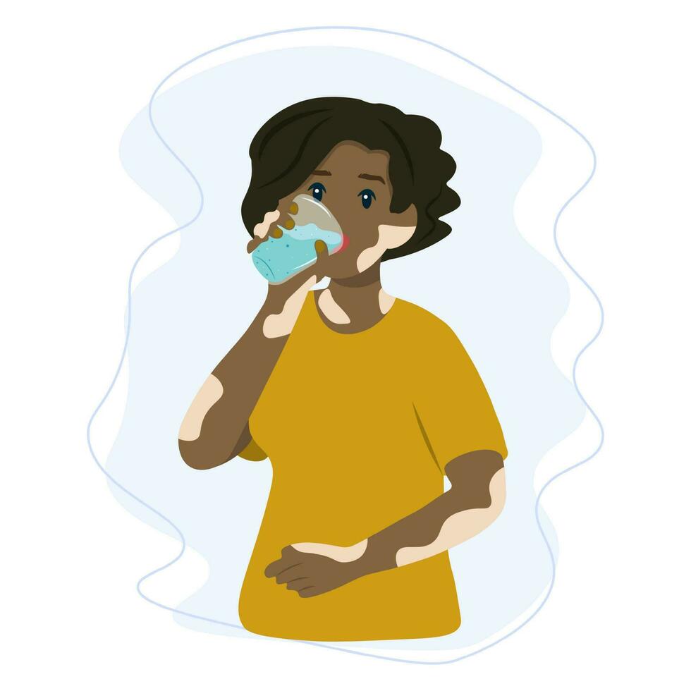 mulher com vitiligo doença bebendo uma fresco vidro do água. saudável e sustentável estilo de vida conceito vetor