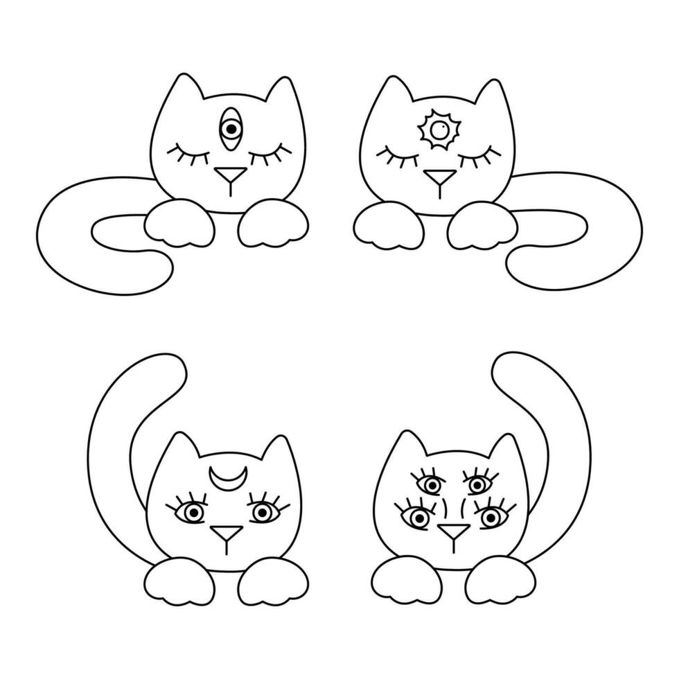 pequeno conjunto do quatro fofa mágico gato rostos. rabisco vetor ilustração, clipart.