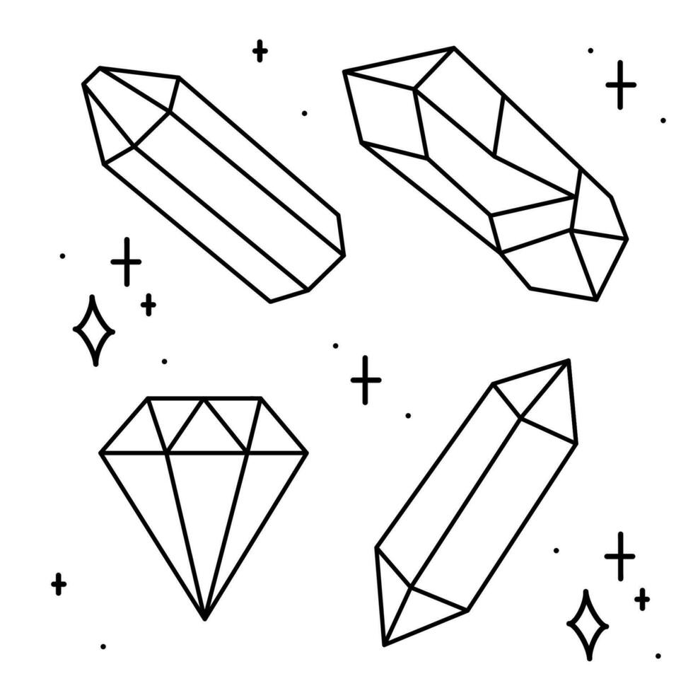 uma pequeno conjunto com quatro Magia cristais. rabisco vetor ilustração, clipart.