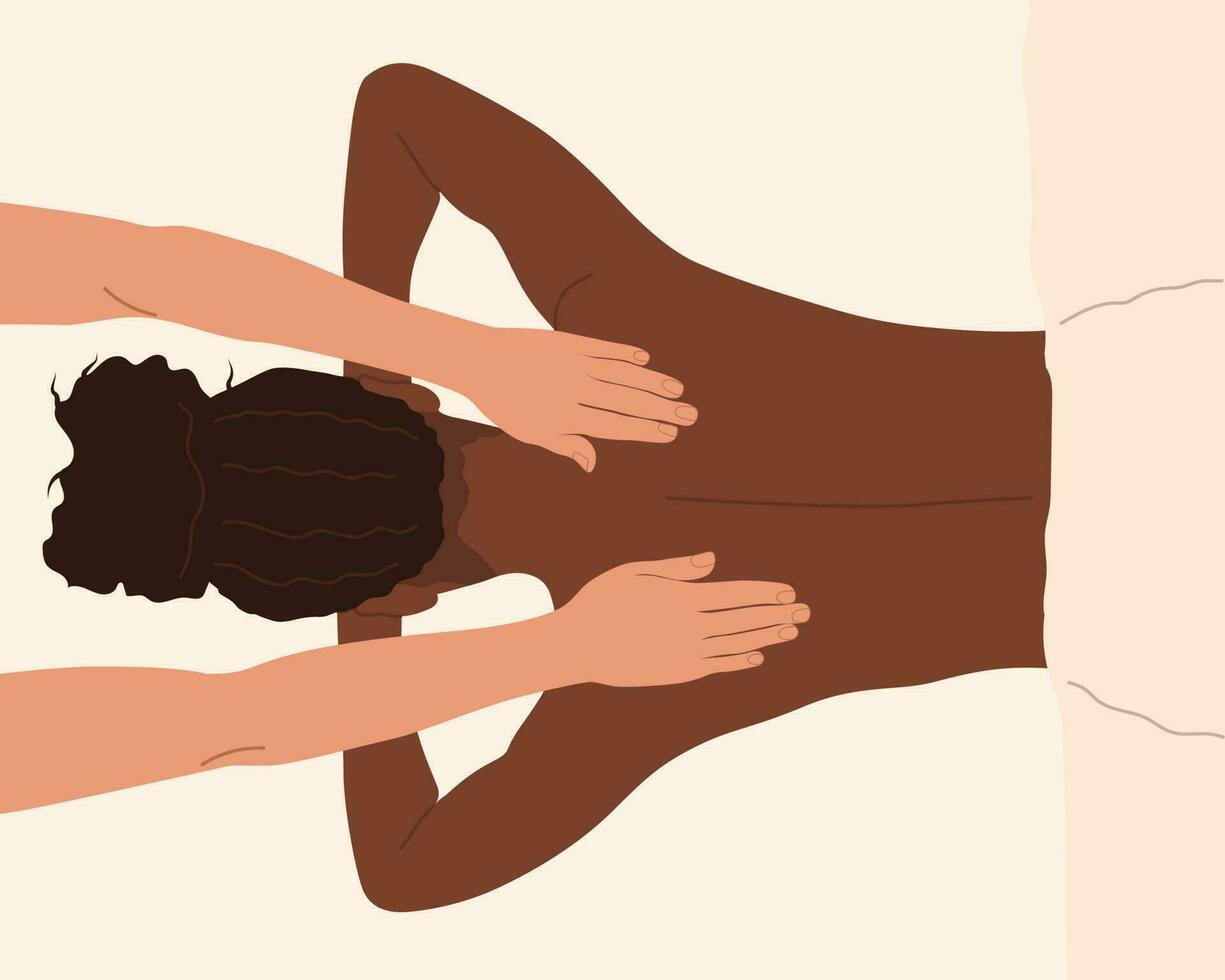 Preto mulher pega uma corpo todo massagem às uma spa bem estar salão. colori plano vetor ilustração isolado em branco fundo. topo Visão