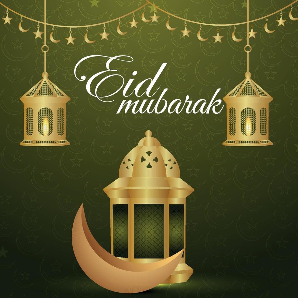 Ilustração em vetor celebração eid mubarak lanterna dourada e lua