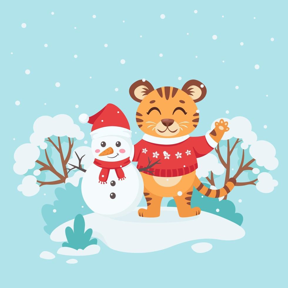 tigre fofo com um suéter com boneco de neve deseja um feliz natal vetor