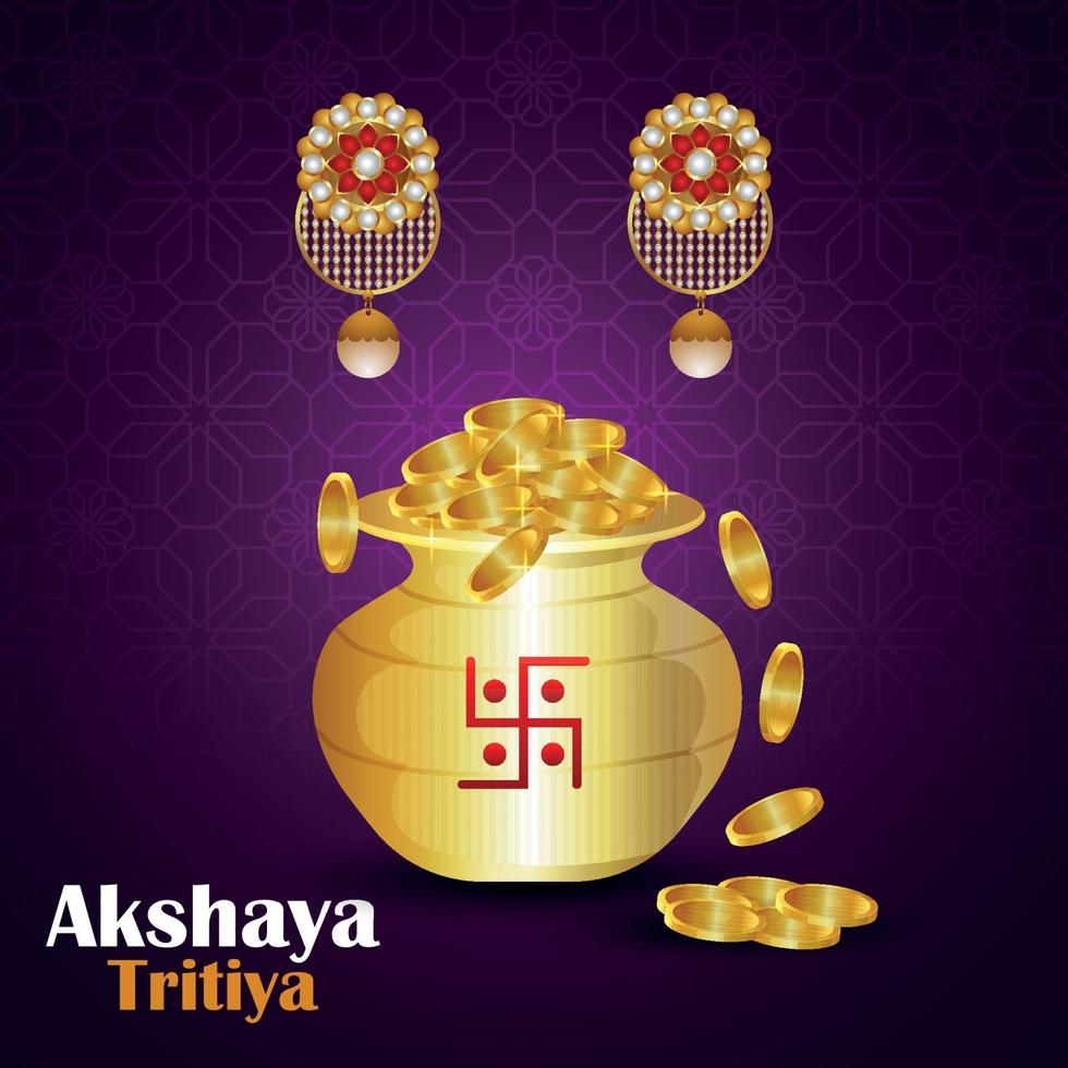 promoção de venda de joias indianas akshaya tritiya com pote de moedas de ouro e brincos de ouro vetor