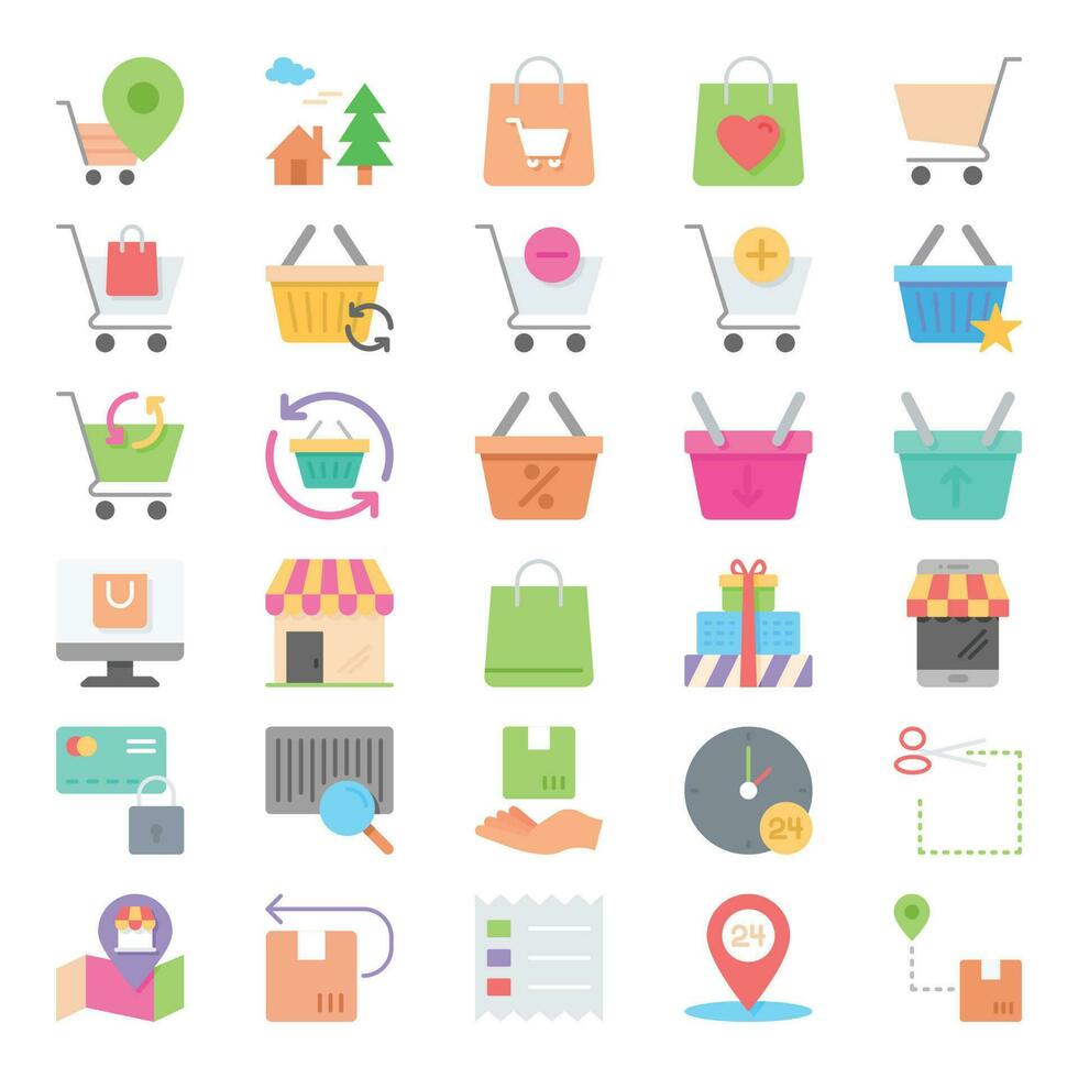 plano cor ícones para compras e comércio eletrônico. vetor