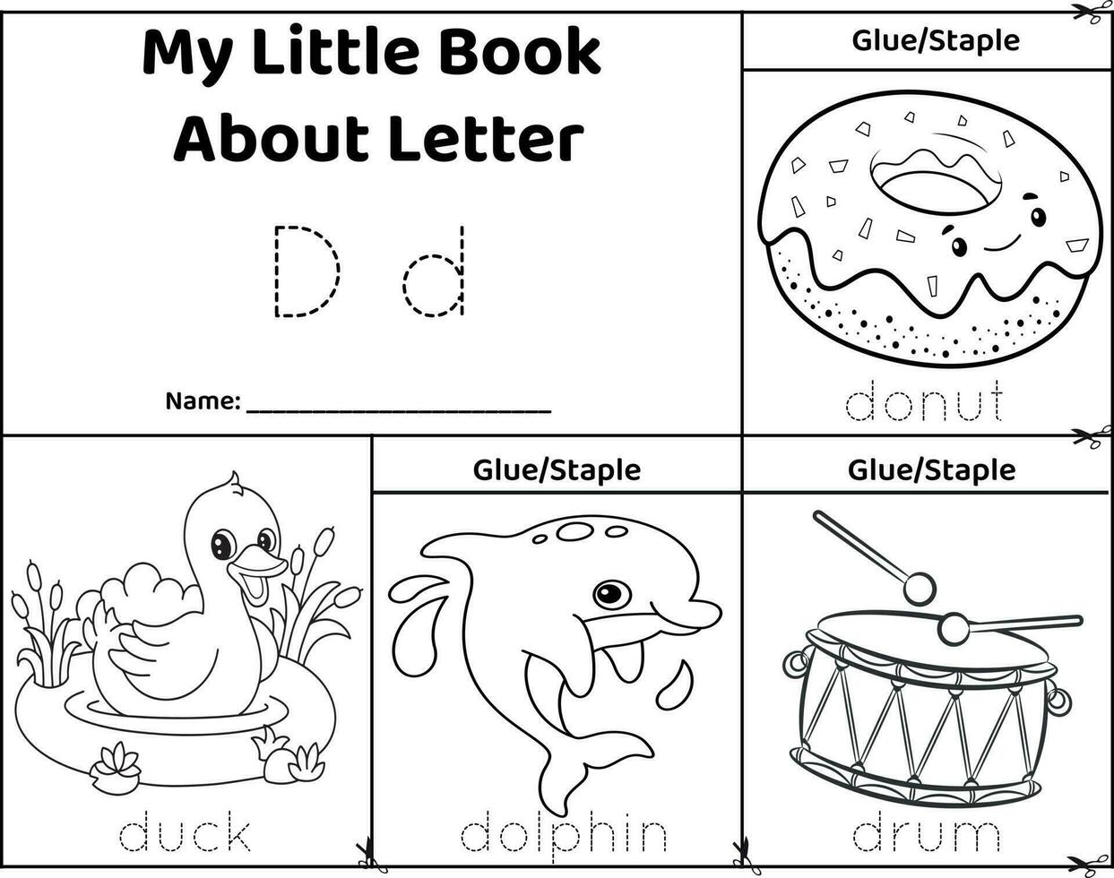 lógico imprimível planilha alfabeto começando sons giro livro dentro Preto e carta branca d. vestígio palavras para fotos. pato, golfinho, tambor, rosquinha vetor