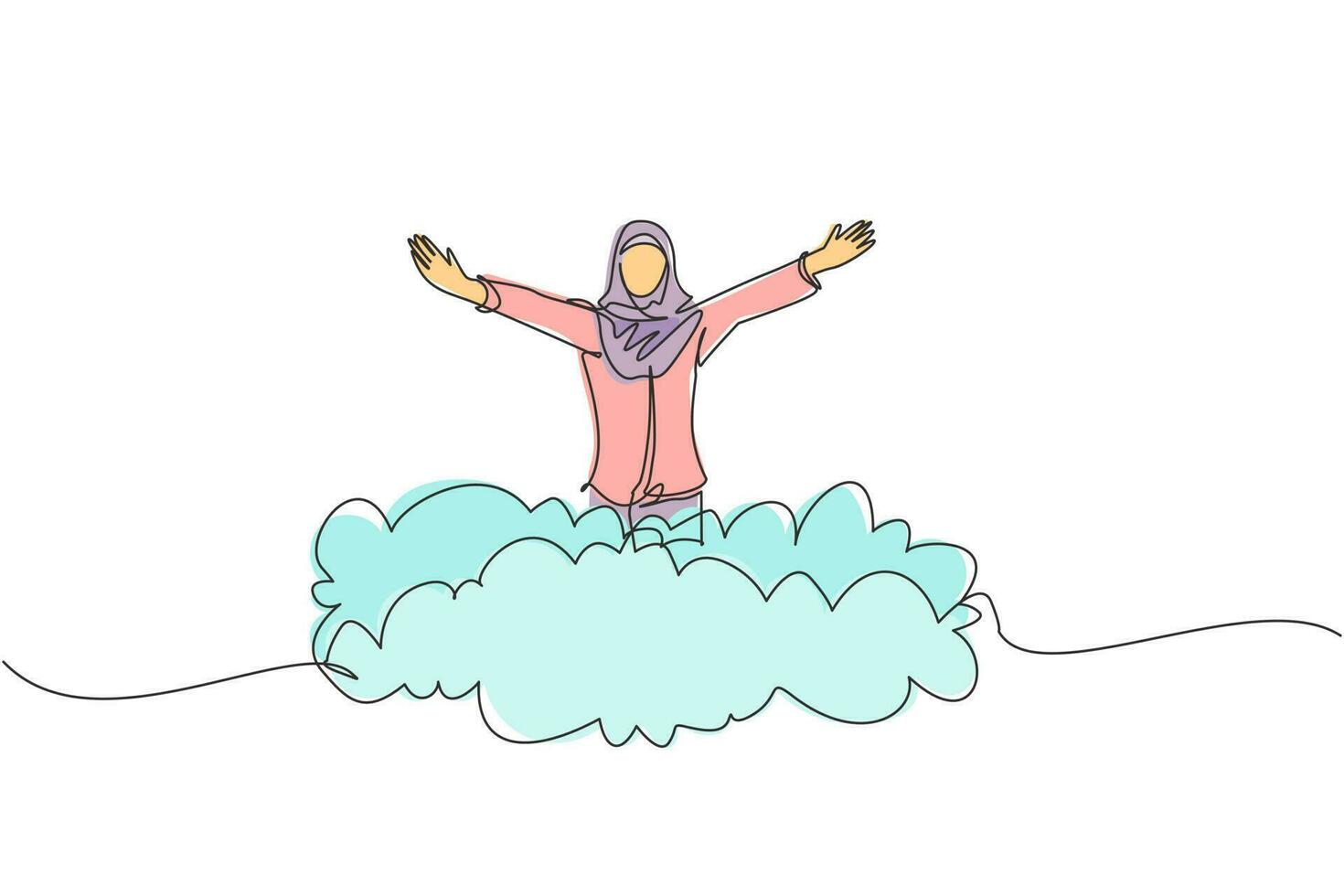 única empresária árabe de desenho de uma linha em cima da nuvem com as mãos levantadas. conceito de negócio bem sucedido. liberdade financeira, felicidade, paz. ilustração em vetor gráfico de design de linha contínua
