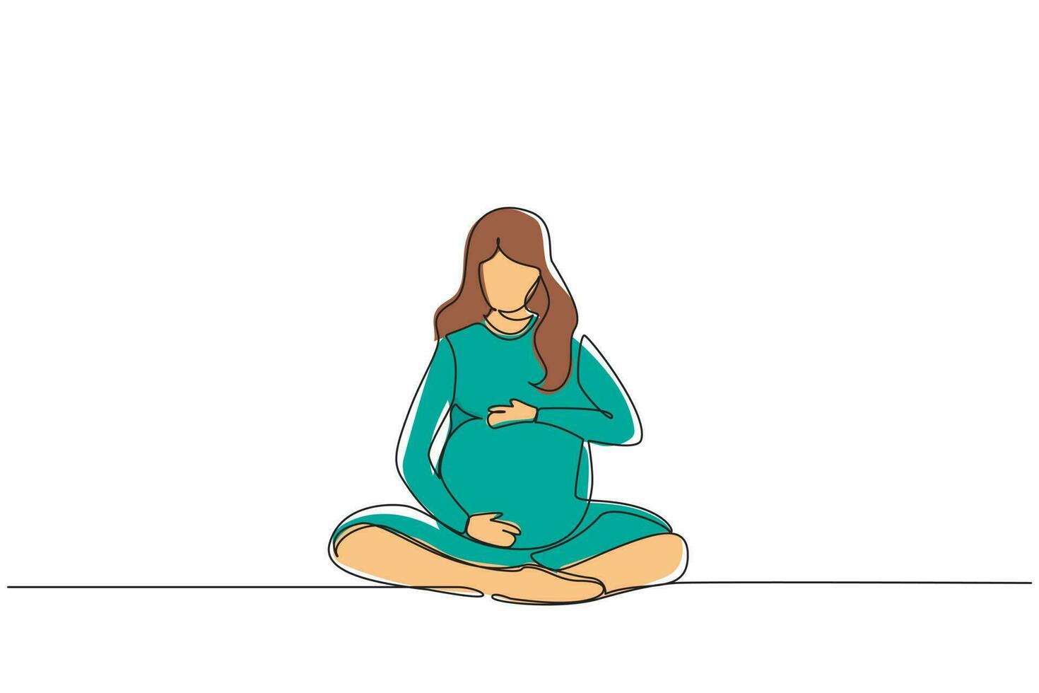 uma linha contínua desenhando uma jovem grávida feliz sentada com as pernas cruzadas em casa e olhando para a barriga. futura mãe esperando bebê acariciando sua barriga. gráfico de vetor de design de desenho de linha única