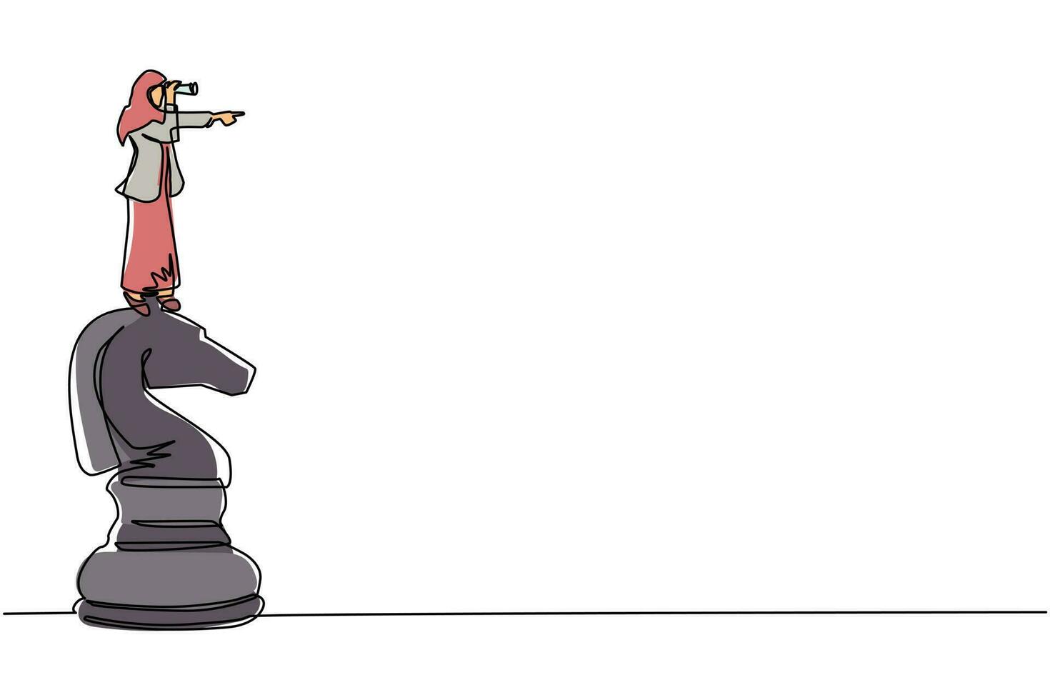 empresária árabe de desenho de linha contínua única em cima da peça de xadrez de cavalo grande usando telescópio procurando sucesso, oportunidades, tendências futuras de negócios. ilustração vetorial de design de desenho de uma linha vetor
