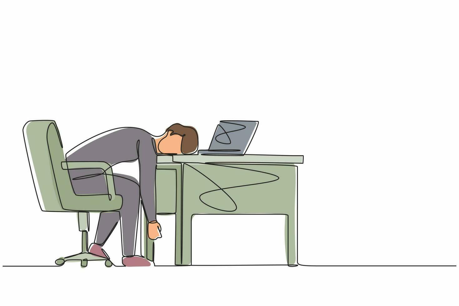 síndrome de burnout profissional de desenho contínuo de uma linha. exausto e doente gerente masculino cansado no escritório triste chato sentado com a cabeça baixa no laptop. ilustração gráfica de vetor de desenho de linha única