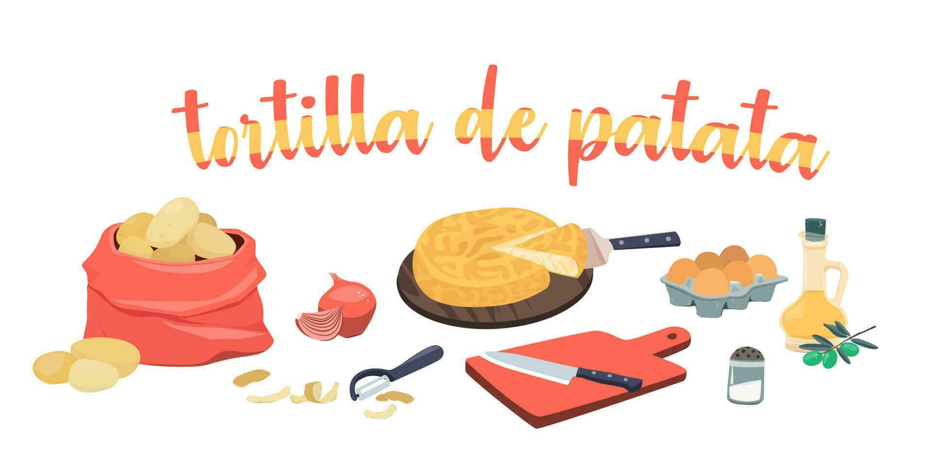 espanhol batata omelete ingredientes - tortilla de patata. Oliva óleo, cebolas, batatas, ovos, corte borda e faca. vetor ilustração em uma branco fundo.