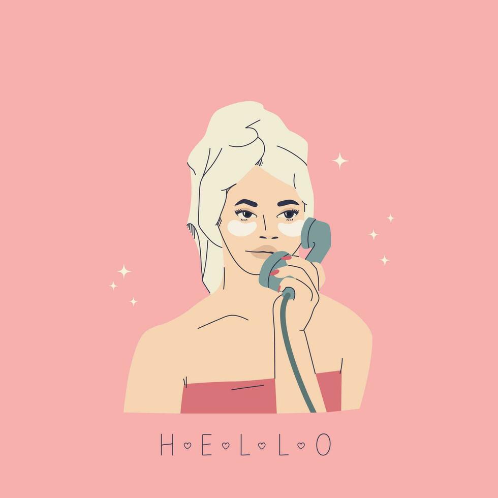 retrato do lindo jovem mulher com toalha em dela cabeça, ela falando em telefone. moda mão desenhando vetor ilustração. retro estilo.