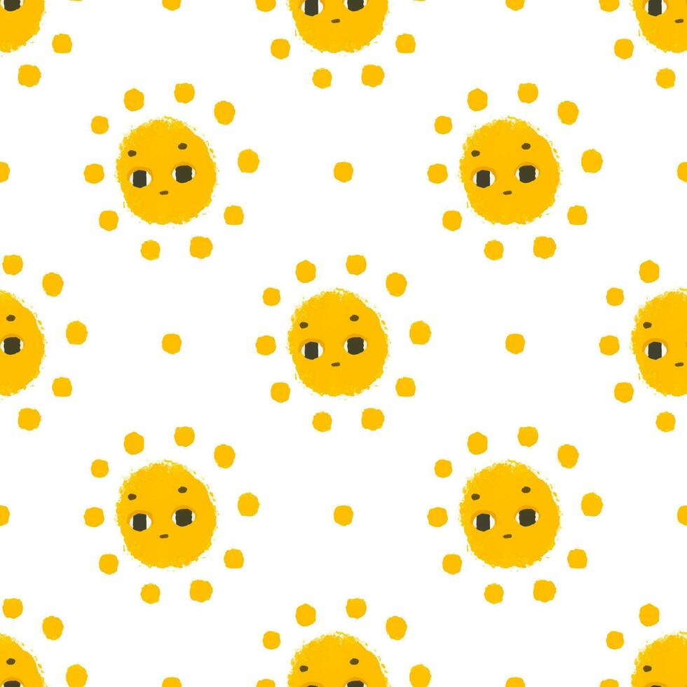 simples desatado padronizar com engraçado amarelo sóis com face. fofa infantil arte com Sol em branco fundo. bebê Projeto e imprimir, tecido projeto, parede arte, invólucro papper vetor