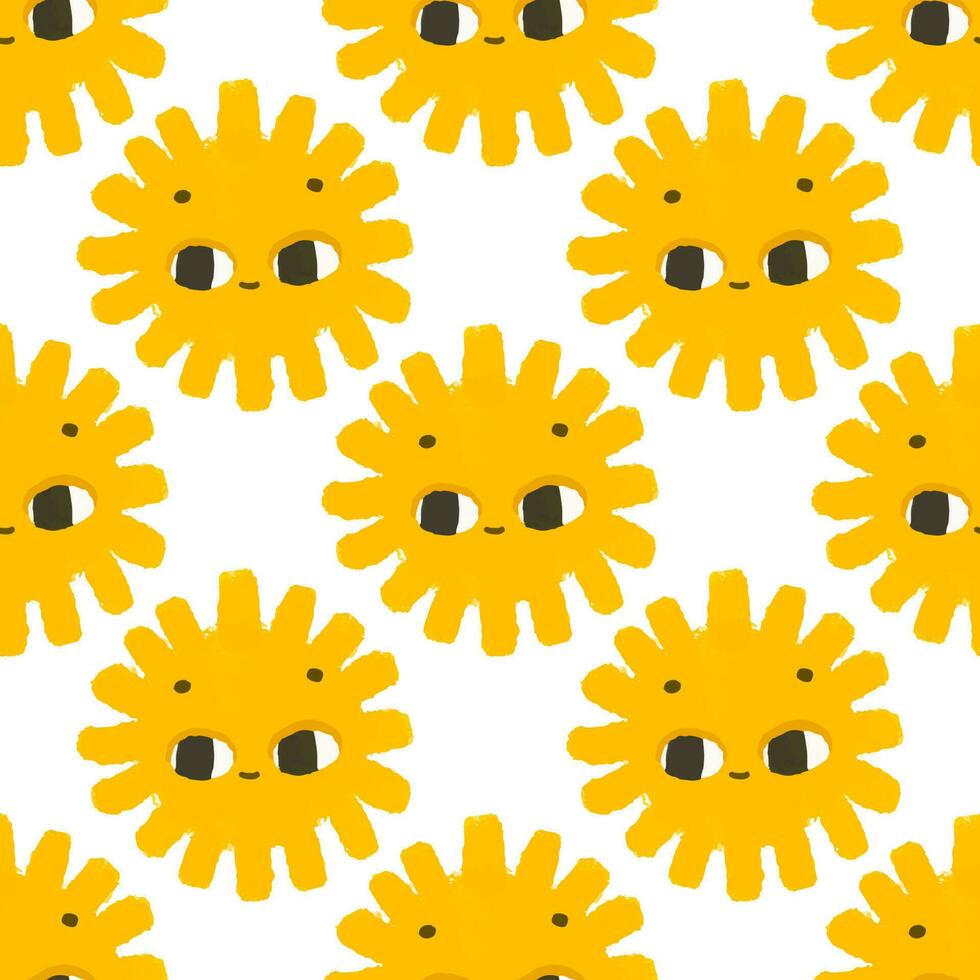 simples desatado padronizar com engraçado amarelo sóis com face. fofa infantil arte com Sol em branco fundo. bebê Projeto e imprimir, tecido projeto, parede arte, invólucro papper vetor