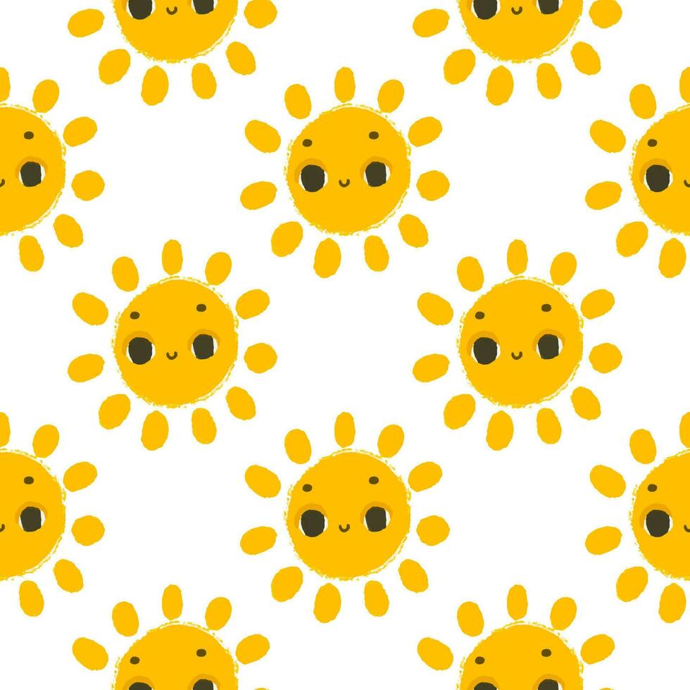 simples desatado padronizar com engraçado amarelo sóis com face. fofa infantil arte com Sol em branco fundo. bebê Projeto e imprimir, tecido projeto, parede arte, invólucro papper vetor