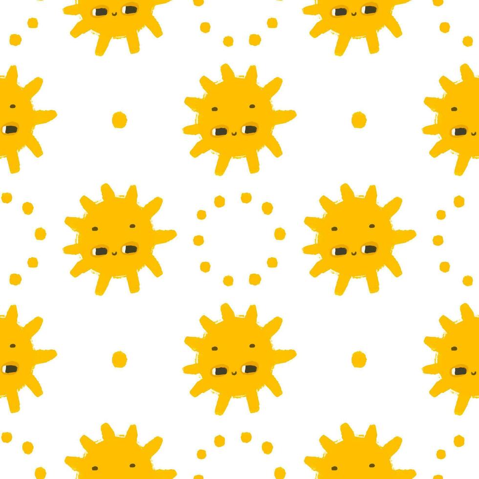 simples desatado padronizar com engraçado amarelo sóis com face. fofa infantil arte com Sol em branco fundo. bebê Projeto e imprimir, tecido projeto, parede arte, invólucro papper vetor