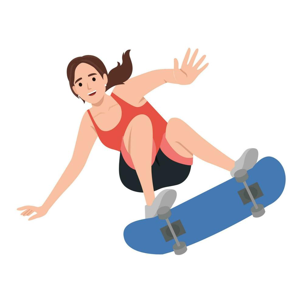 jovem sorridente mulher equitação em patim borda vetor plano desenho animado ilustração. menina skate e fazendo truques em Longboard. ativo estilo de vida, extremo esporte conceito.