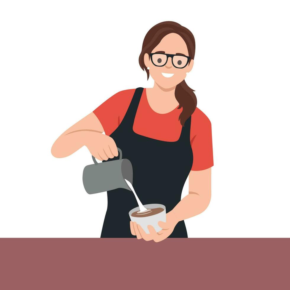 sorridente barista mulher servindo café derramar leite uma café copo vetor