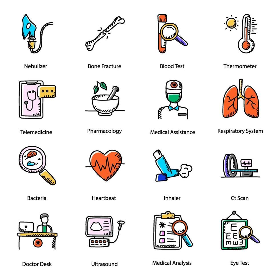 ícones de doodle de ferramentas médicas vetor