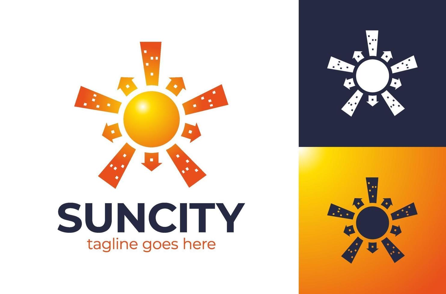 logotipo da Sun City. sol sobre o modelo de vetor de design de logotipo de cidade de arranha-céus de paisagem urbana. ícone de conceito do logotipo de construção de arquitetura imobiliária.