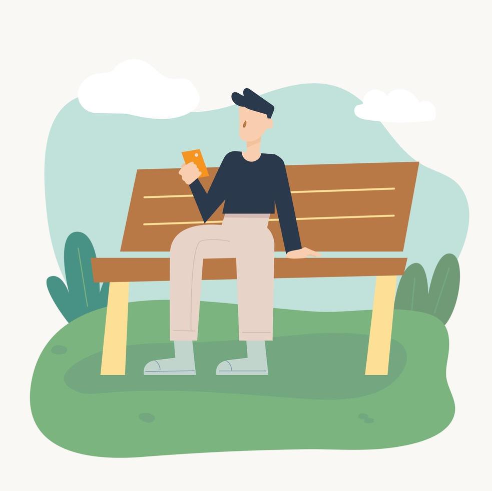um homem está sentado em um banco de parque e olhando para um telefone celular. ilustração em vetor mínimo estilo design plano.