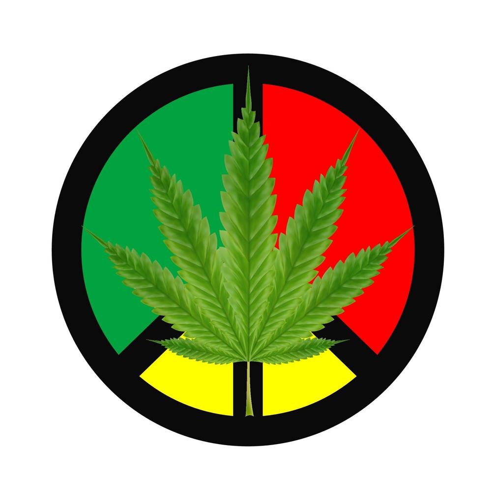 folha de maconha em um símbolo da paz vermelho, verde e amarelo vetor