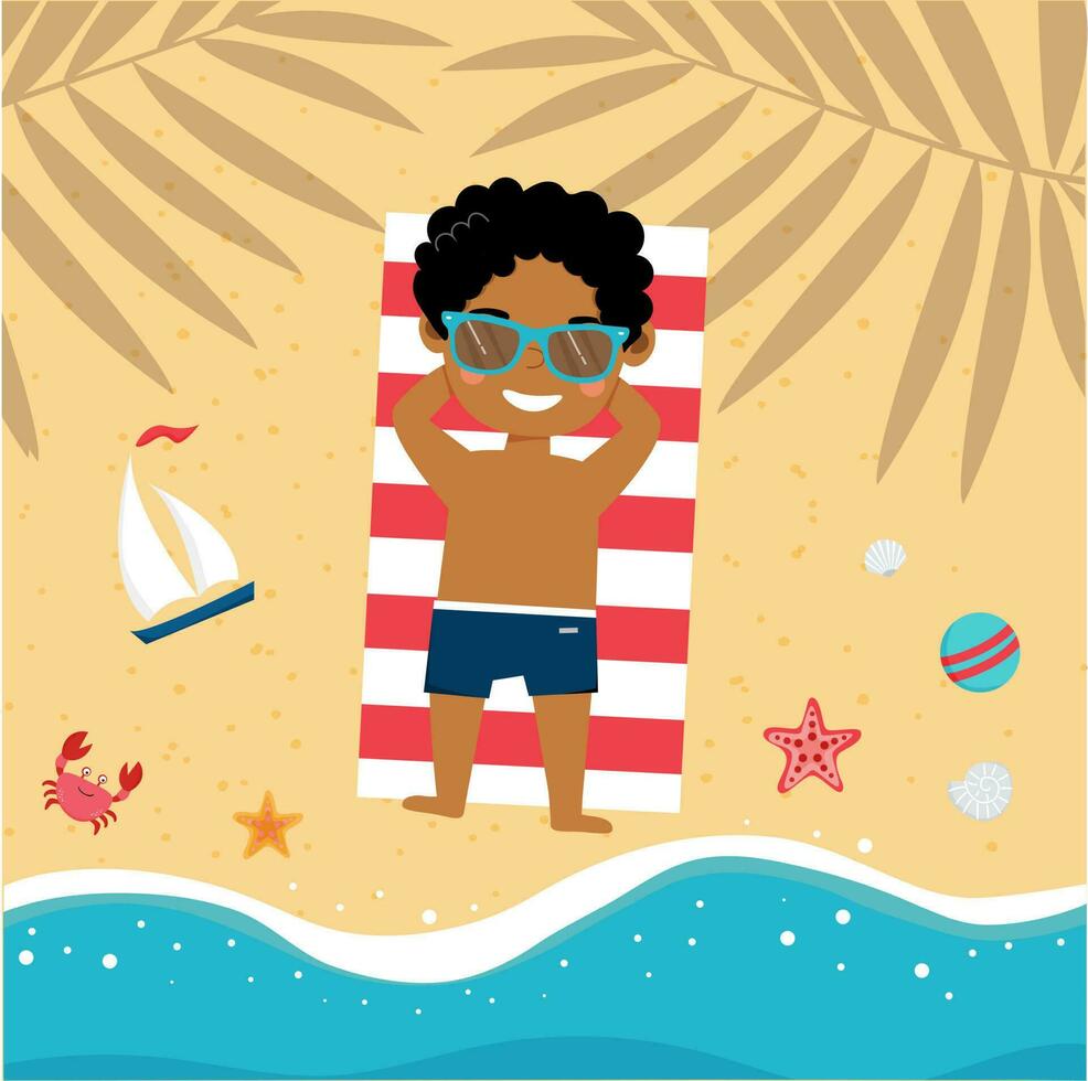 pequeno africano americano Garoto é deitado em a de praia e banhos de sol em toalha dentro a sombra do Palma árvores em a de praia. fofa pequeno Garoto em período de férias. verão tempo, feriado. vetor