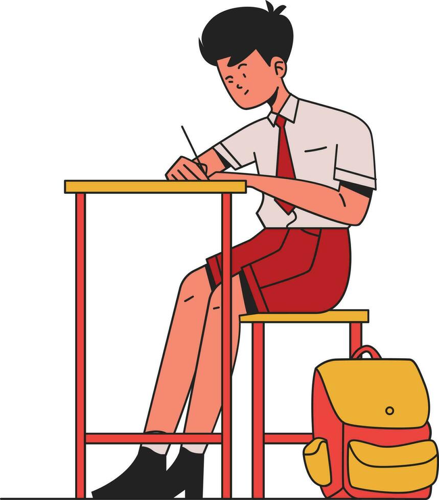 jovem estudante sentado em a escola Banco com mochila. vetor ilustração dentro desenho animado estilo