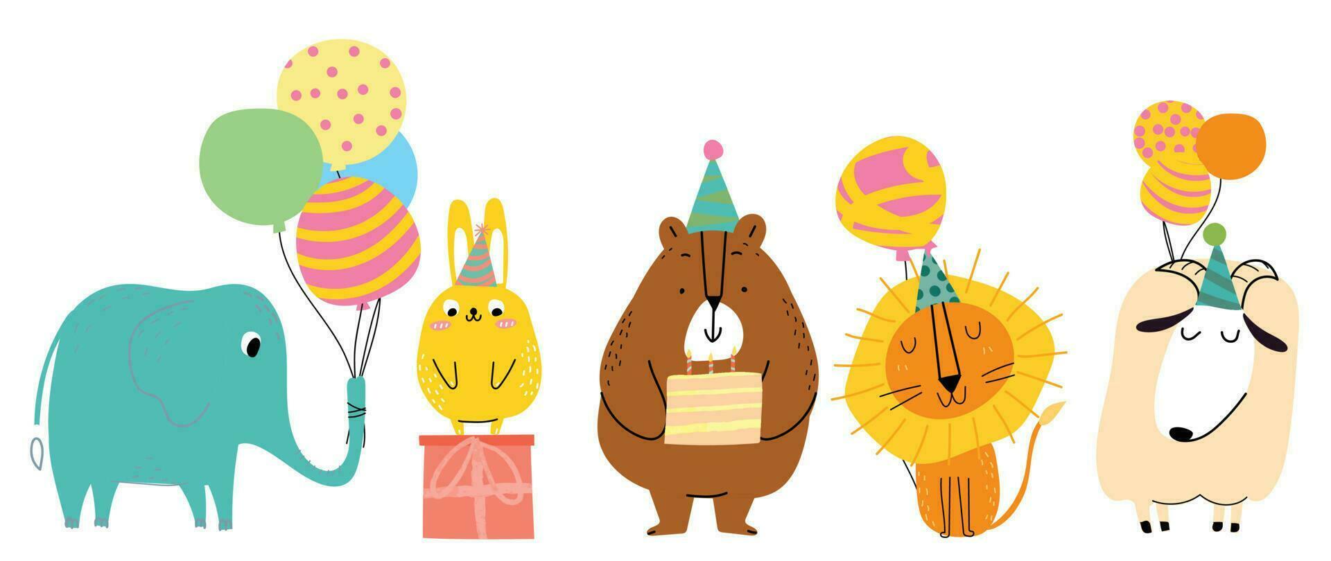 feliz aniversário conceito animal vetor definir. coleção do adorável animais selvagens, leão, elefante. aniversário festa engraçado animal personagem ilustração para cumprimento cartão, convite, criança, Educação, imprime.