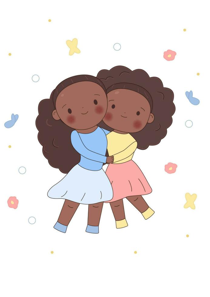 fofa africano americano pequeno irmãs abraçando. irmandade. kawaii ilustração vetor