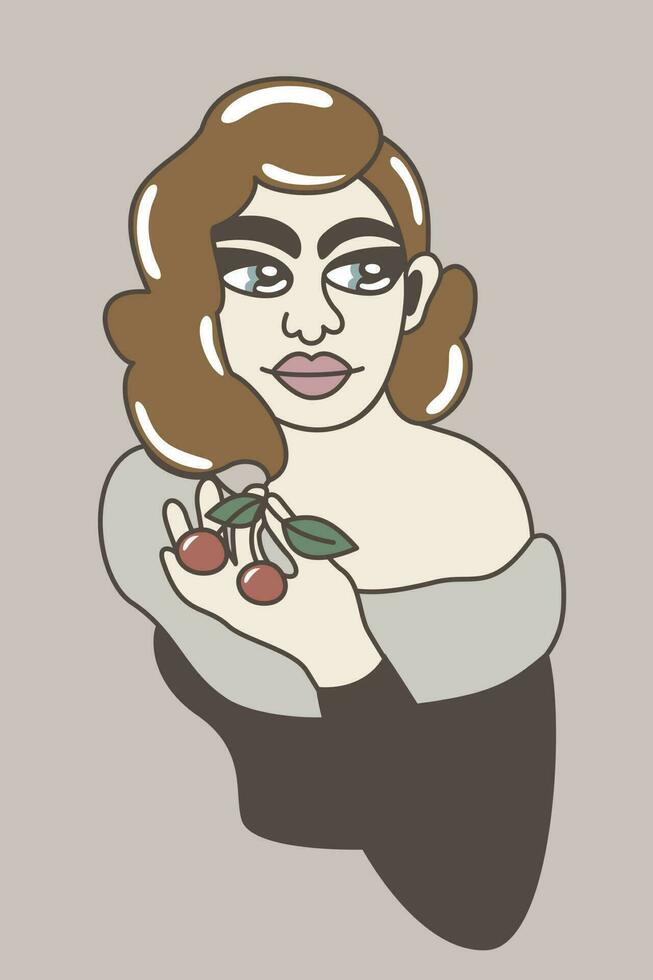 retro garota. vetor isolado ilustração do jovem mulher segurando cerejas.