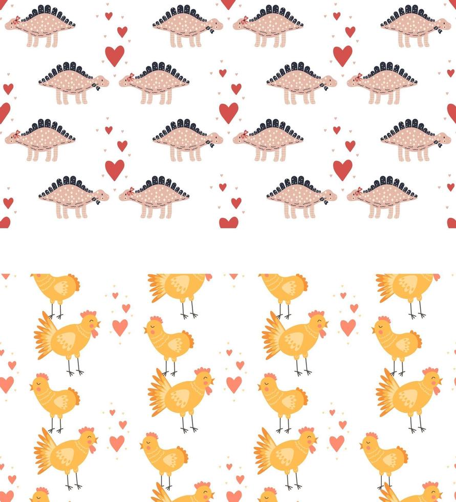 conjunto padrão sem emenda ilustração vetorial impressão bonita berçário com galinhas e corações e com dinossauros feliz dia dos namorados 14 de fevereiro vetor