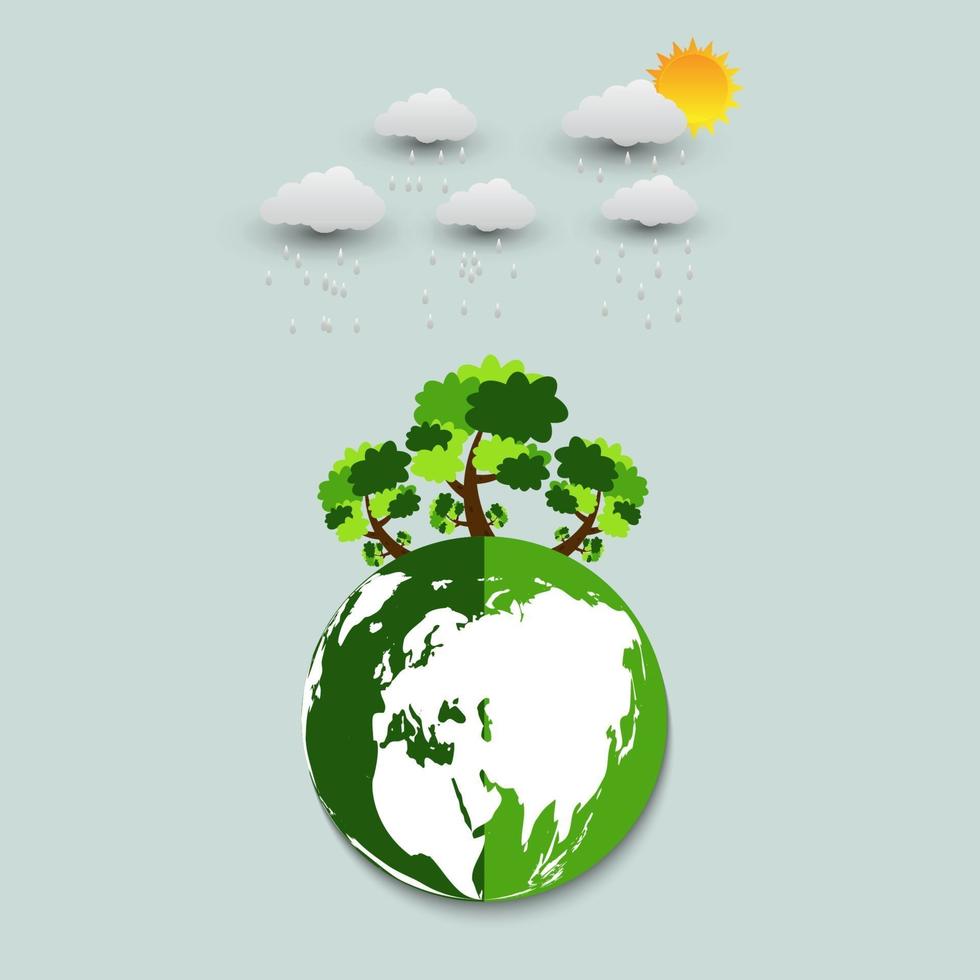 ecologia.Cidades verdes ajudam o mundo com uma ideia de conceito ecologicamente correta. com um globo e uma árvore de fundo. Ilustração em vetor