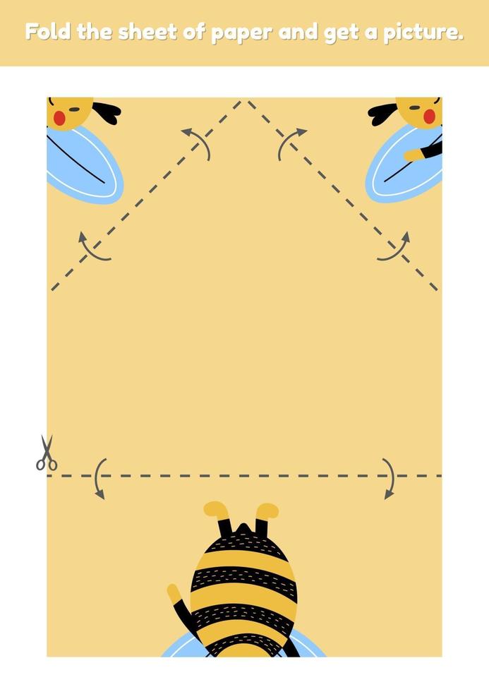 dobrar a folha de papel e obter uma imagem bonito jogo de educação abelha para crianças planilha para jardim de infância e desenvolvimento de idade pré-escolar habilidades motoras finas vetor
