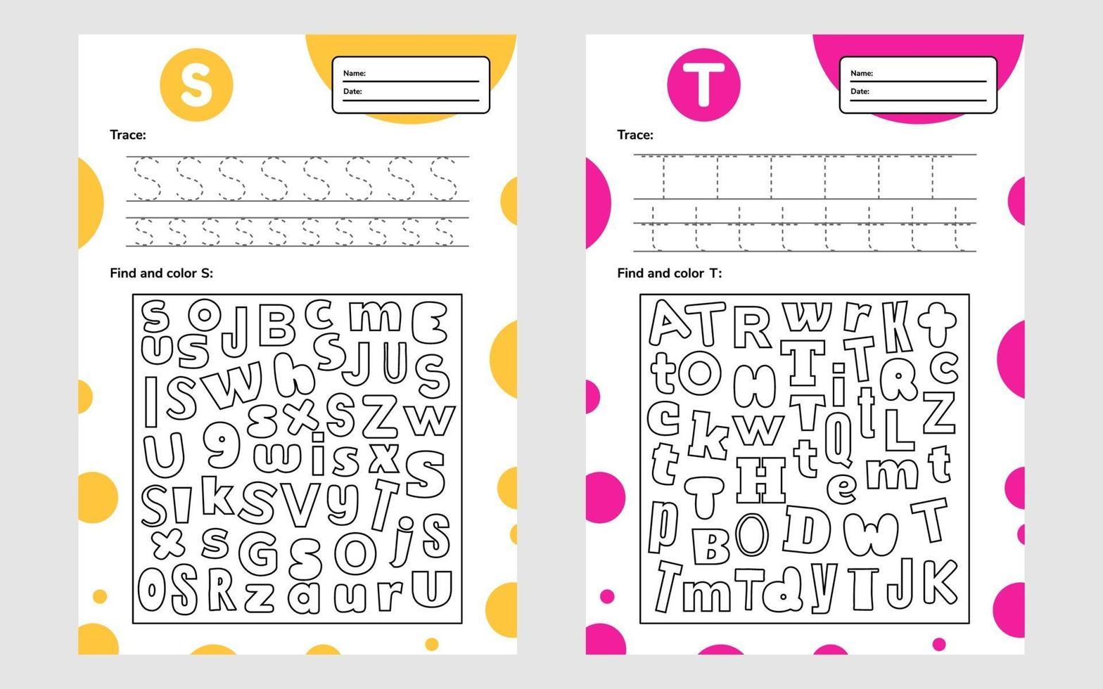 definir planilha de letras de rastreamento a4 para crianças em idade pré-escolar e jogo em idade escolar para crianças encontrar e colorir vetor