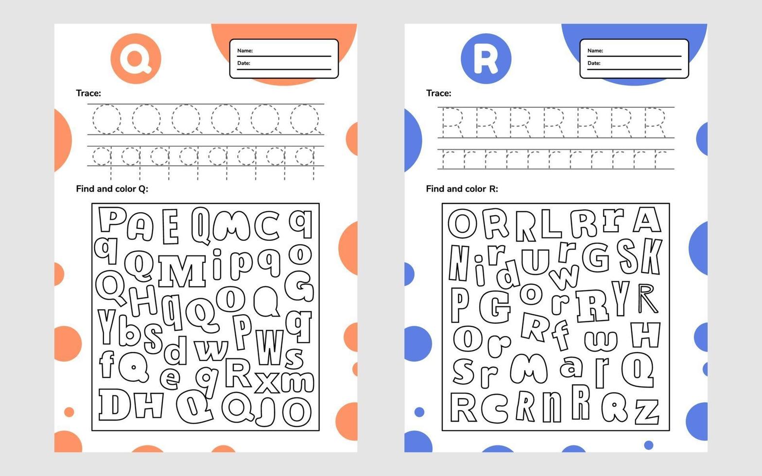 definir planilha de letras de rastreamento a4 para crianças em idade pré-escolar e jogo em idade escolar para crianças encontrar e colorir vetor