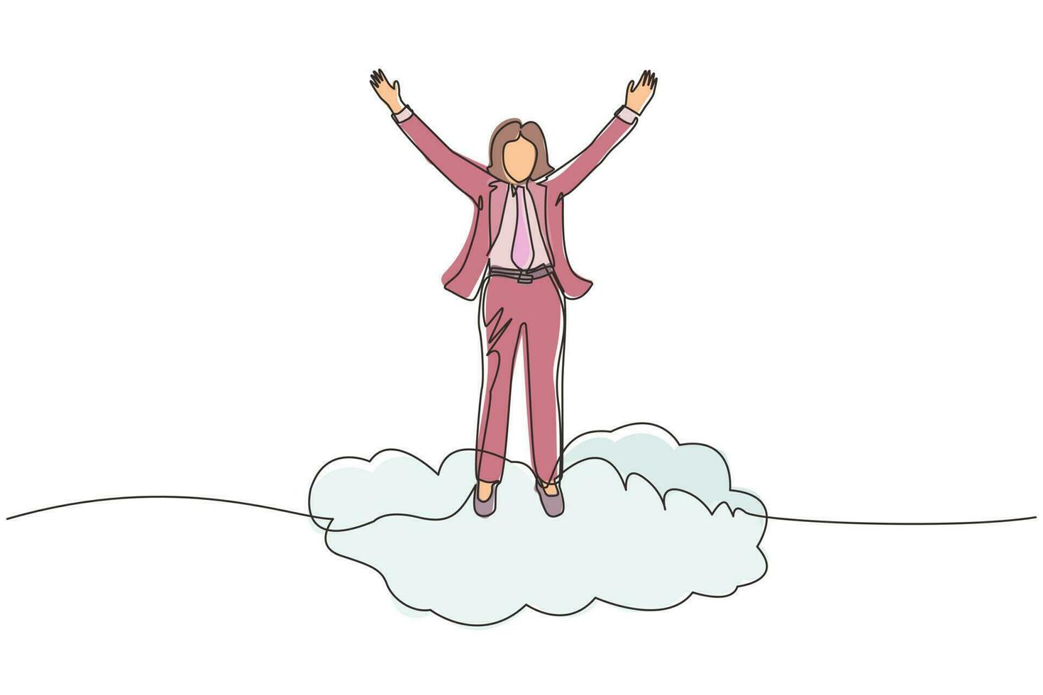 empresária de desenho de linha contínua em cima da nuvem com as mãos levantadas. conceito de negócio bem sucedido. liberdade financeira, felicidade, paz. ilustração gráfica de vetor de desenho de linha única