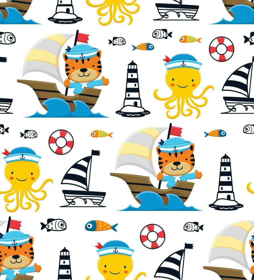 desatado padronizar vetor do engraçado gato dentro marinheiro traje em barco a vela, engraçado marinho animais, Navegando elementos ilustração