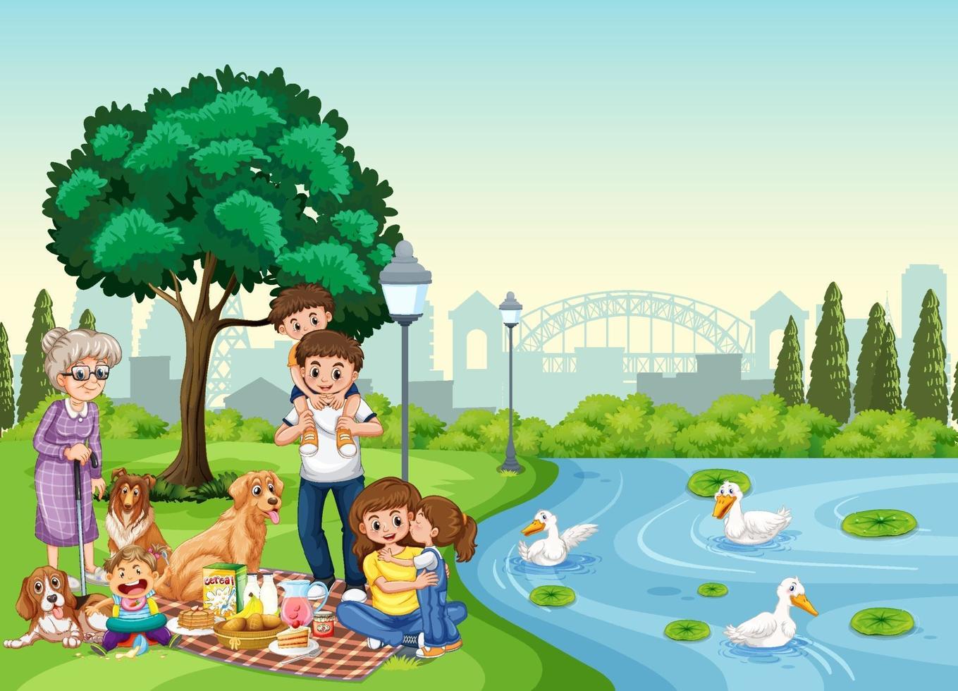 cena do parque com família feliz fazendo piquenique vetor