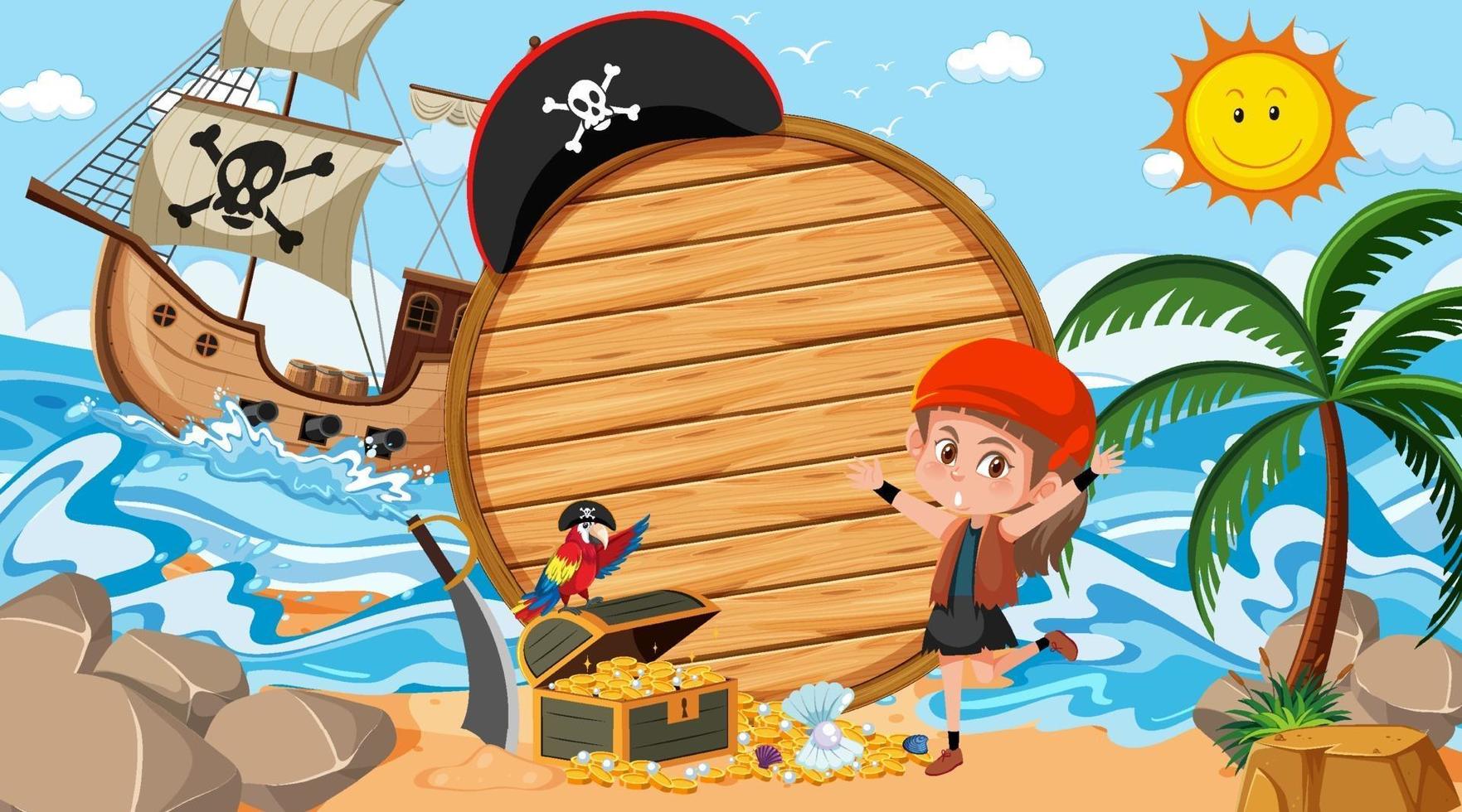 modelo de banner de madeira vazio com garota pirata na cena diurna da praia vetor