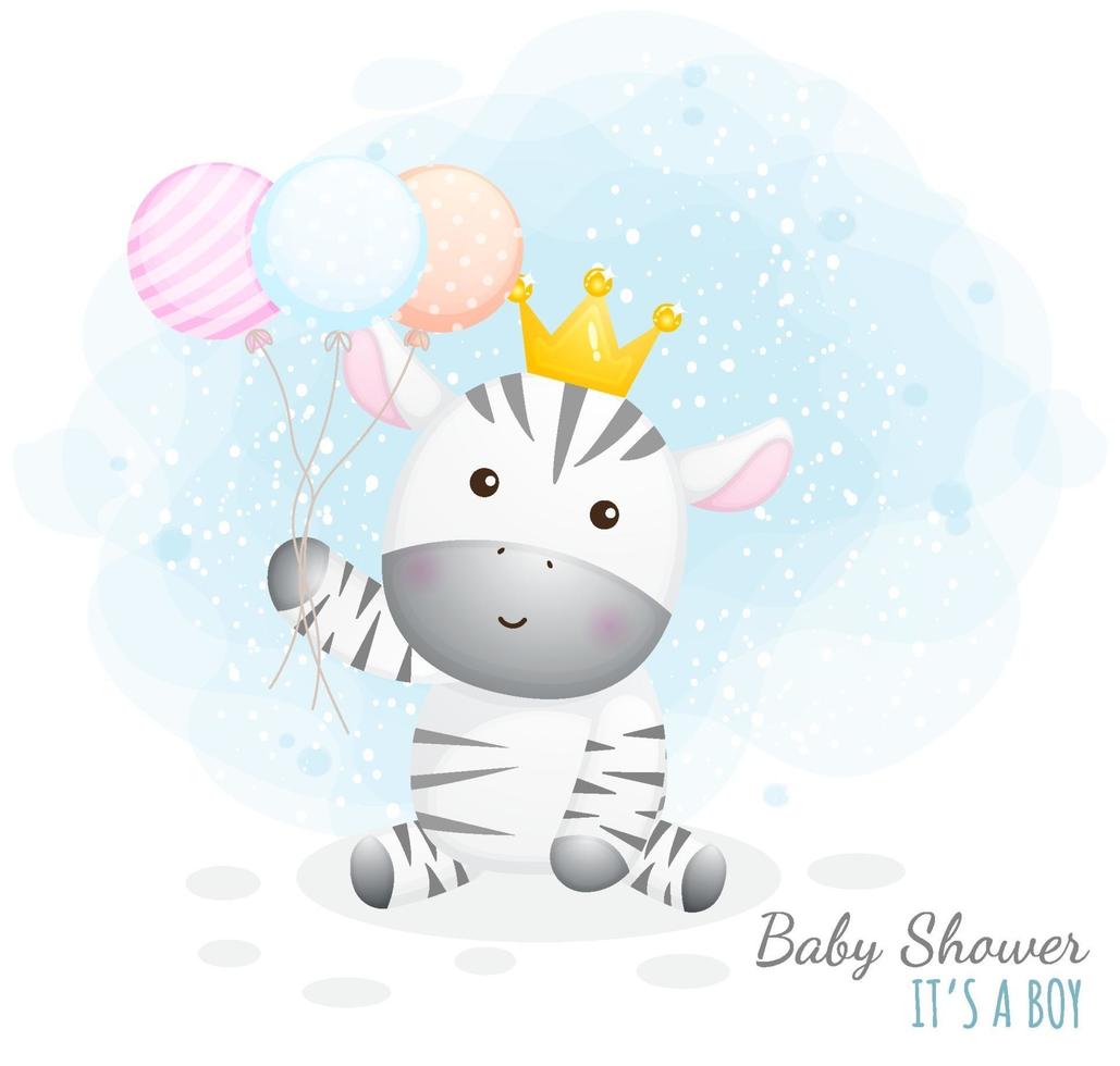 chá de bebê é um menino. zebra bebê fofo segurando balões vetor premium