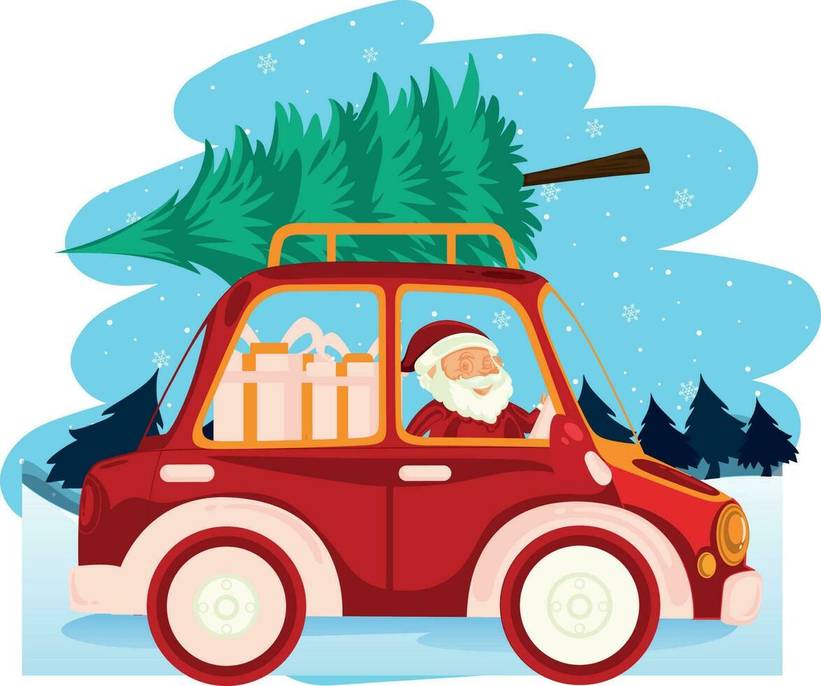 santa é carregando uma Natal árvore e apresenta dentro uma carro. vetor