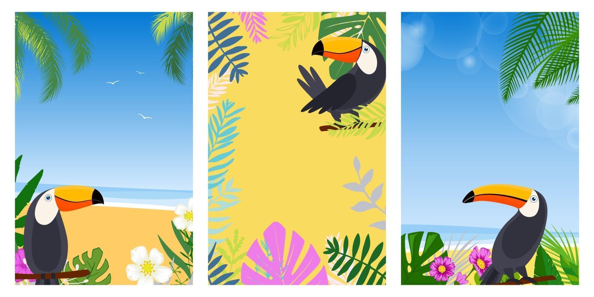 definir cartão de férias de verão. ilustração em vetor design plano. férias de verão e coisas e itens de férias na praia. design com folhas exóticas, flores, palmeiras e tucanos.