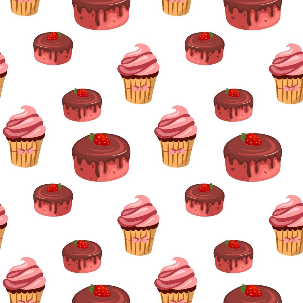 padrão sem emenda com bolo de chocolate e cupcakes. sobremesa doce, textura infinita. ilustração vetorial vetor