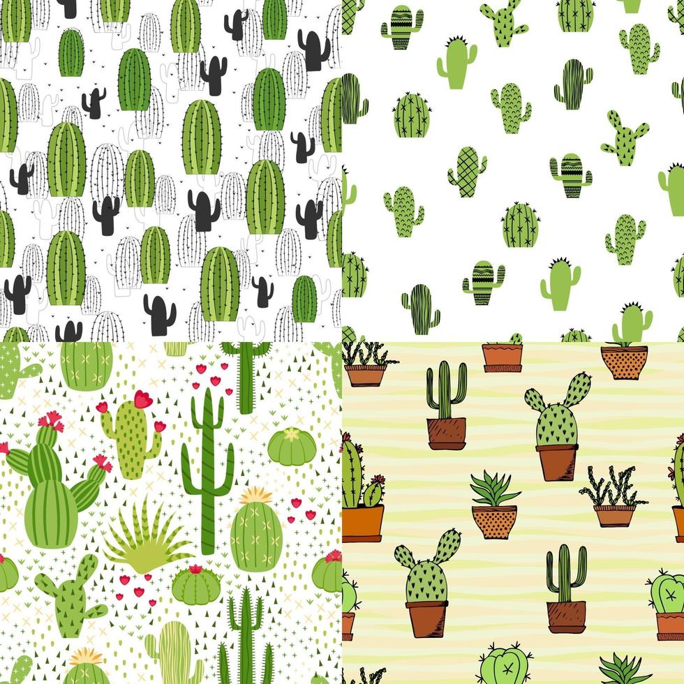 conjunto de ilustração de cacto bonito sem costura. padrão tropical de diferentes cactos, aloe vera e flores. impressão para tecido, capa de telefone e papel de embrulho. vetor