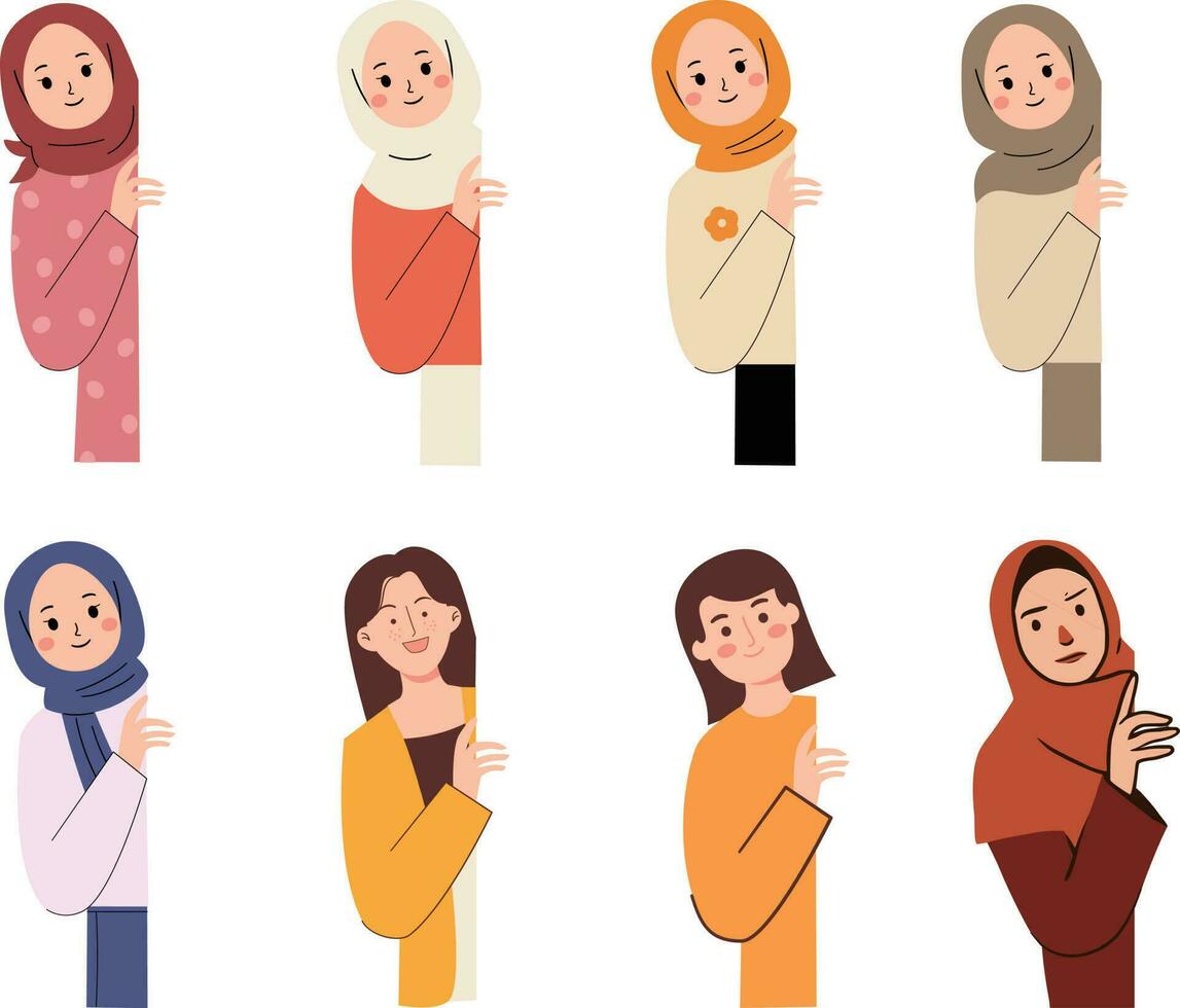 conjunto do muçulmano mulheres dentro diferente nacional roupas. vetor ilustração.