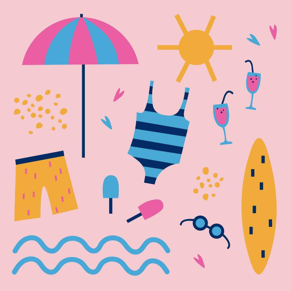 rabisco com uma mar humor. plano desenho animado ilustração mar, roupa de banho, natação roupa de baixo, Sol guarda-chuva, corações, coquetel, prancha de surfe, gelo creme, copos, Sol. de praia feriado, festa, costa. vetor ilustração