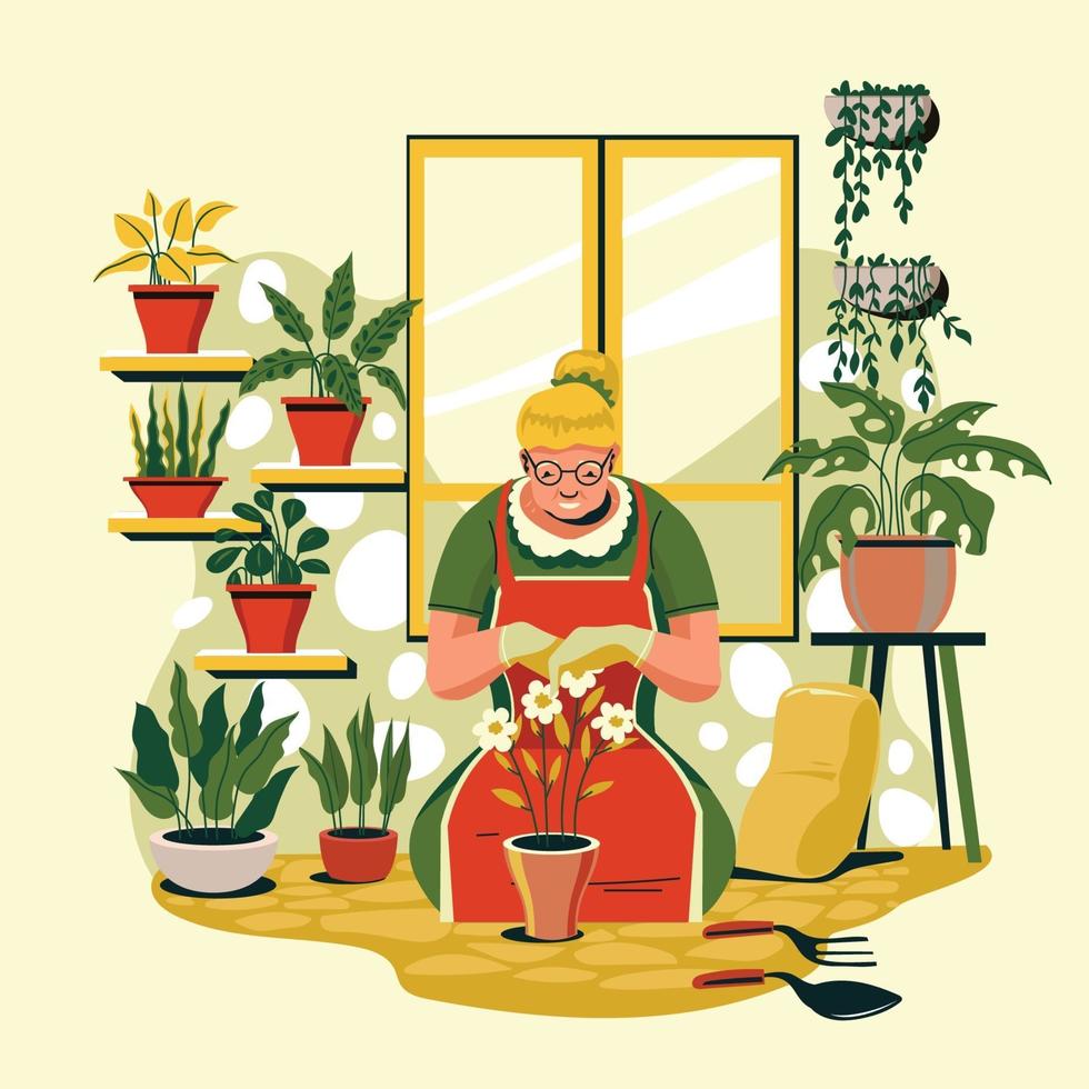 mulher plantando flores em casa conceito vetor