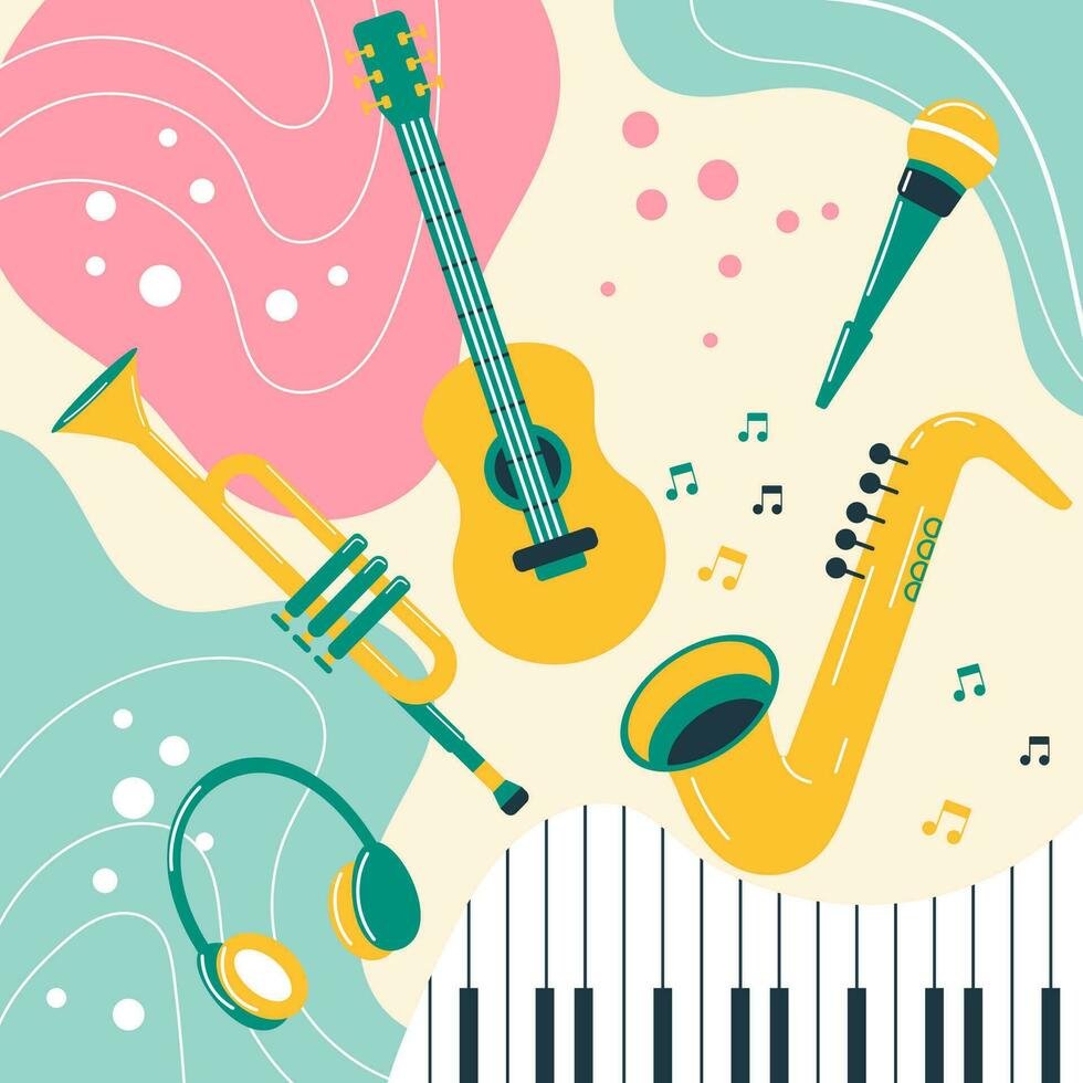 musical instrumentos em uma colori fundo dentro boho estilo. pastel cores. fundo, poster, imprimir, vetor