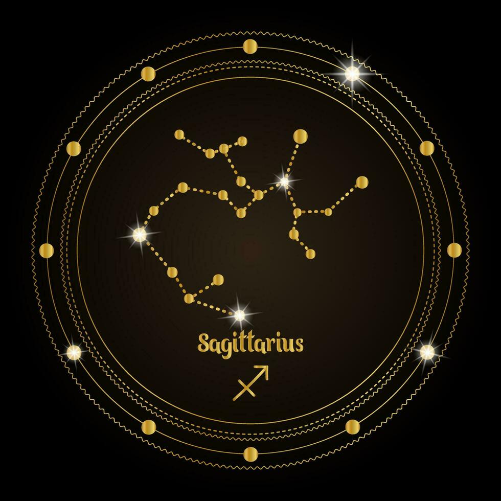 sagitário, constelação do signo do zodíaco no círculo mágico cósmico. design dourado em um fundo escuro. vetor